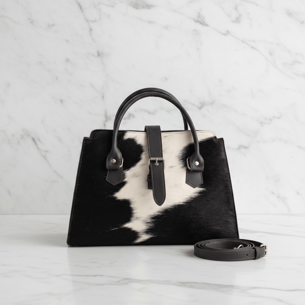 Black & White Cowhide Bag - Strap Folded