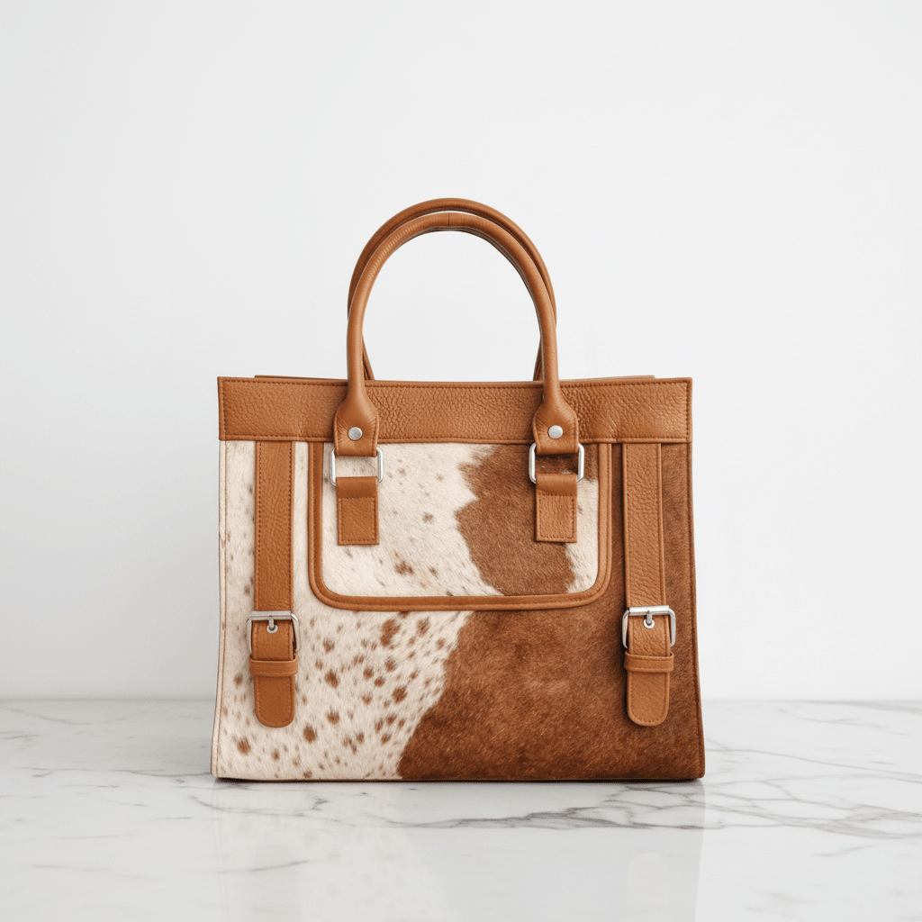 Tan Cowhide Tote Front - Marble
