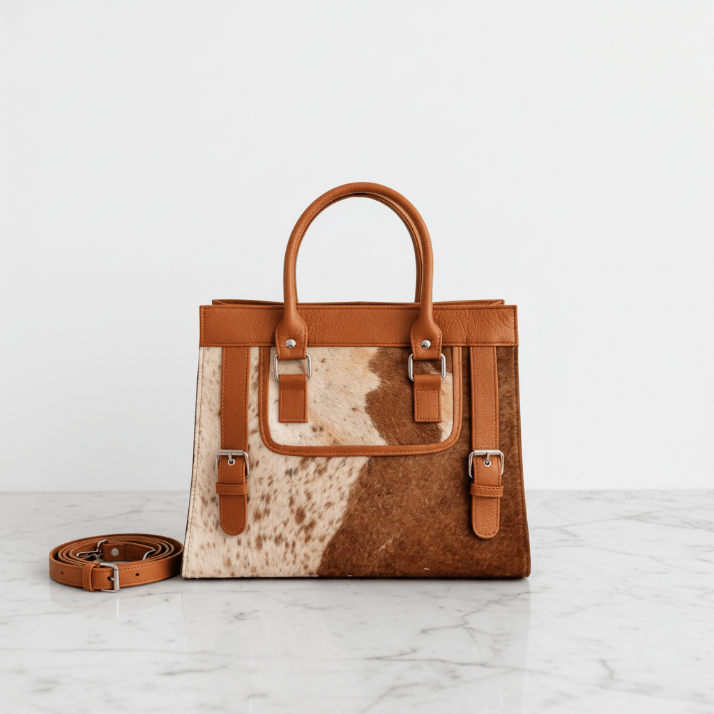 Tan Cowhide Tote - Strap Folded - Marble